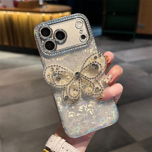 Funda para iPhone 17 16 15 Pro Max con diseño de mariposa, diamantes y concha degradada, lazo ombré, cubierta trasera de cristal con purpurina láser y diseño de corazón para la cámara - Product Image 4