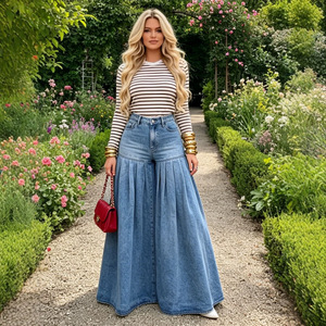 Pantaloni in Denim Casual Stile Europeo e Americano, Nuova Moda Femminile, Pantaloni a Zampa Larga Lavati e Plissettati - Product Image 1
