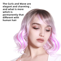 Perruque courte ondulée SARLA de 14 pouces, synthétique de haute qualité, grise, avec frange marron clair, style Water Wave, pour femmes, densité 150 %, avec dentelle