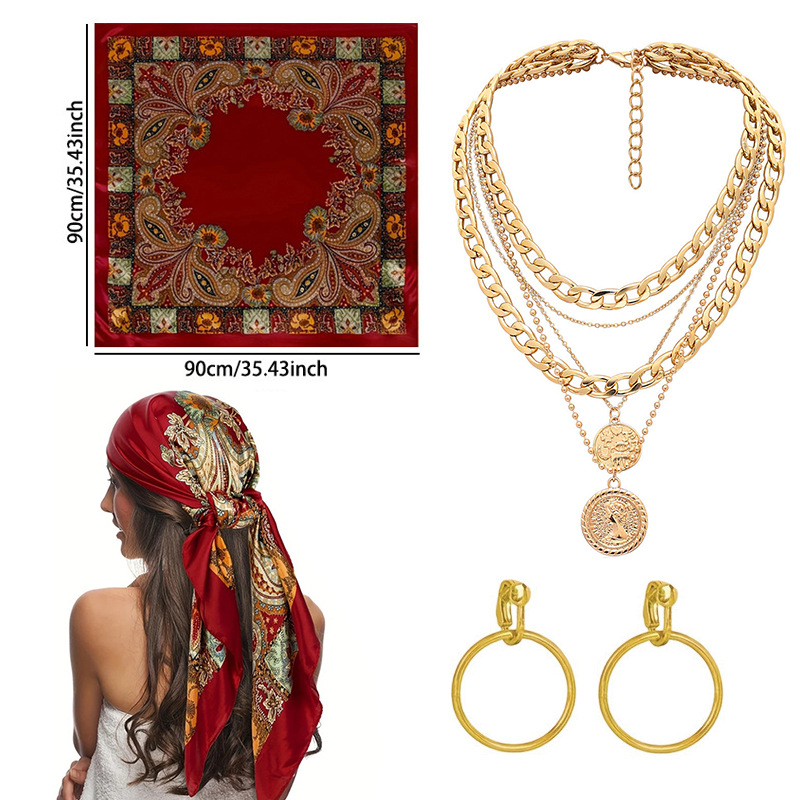 Accesorios pirata oro rojo [pañuelo+collar+pendientes]