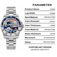 Montre mécanique personnalisée de style Kanagawa Wave Dial GMT, 40 mm, acier inoxydable, 20 mm, montre de plongée, 50 bars d'étanchéité, luminescente, automatique
