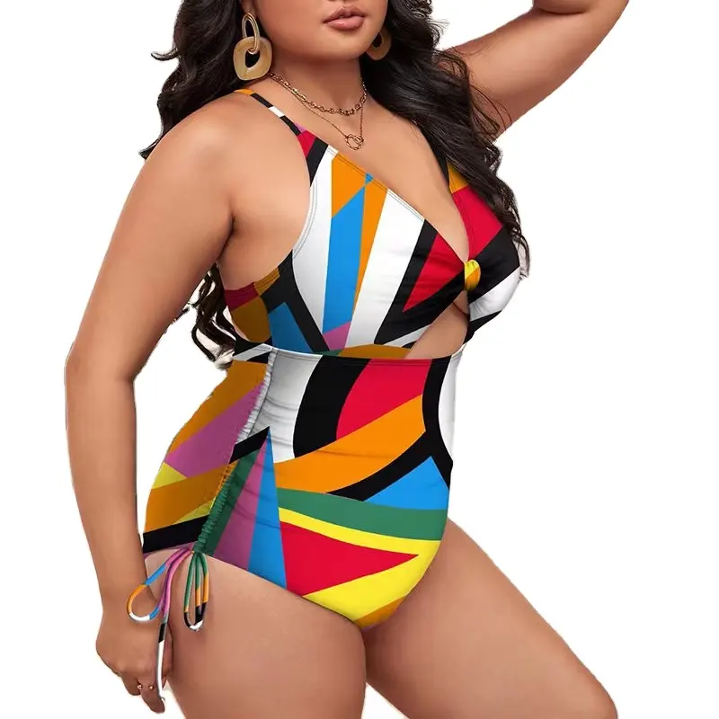 Swim Wear One Piece Women Plus Size Bikini Printed Push Up Bathing Suit Hollow Out Tight V-Neck Swimsuit Floral Beachwear 2024