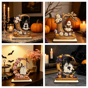 Letrero de Madera para Mesa de Halloween, Adorno de Escritorio con Figura de Pareja de Fantasmas en Columpio y Luna Floral, Decoración <span class=keywords><strong>Pastel</strong></span> para el Hogar en Halloween - Product Image 4