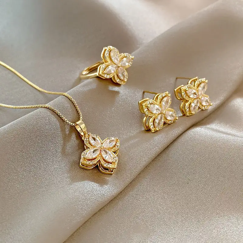 Stainless Steel Gold Plated Women's Rotatable Four Leaf Clover Necklace Earring Rings 3pcs Jewelry Sets Lucky Jewelry Gift