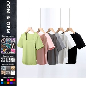 T-shirt in tinta unita a maniche corte con orlo a forma di arco in cotone 100% di alta qualità 180G stile francese con collo quadrato - Product Image 1