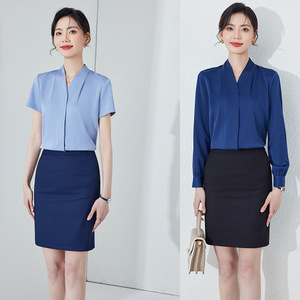 Women's Satin V-Neck Blouse Solid Color Short Sleeve Long Sleeve Work Shirt For Office Professional Wear - Product Image 1