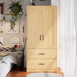 Armário De Armazenamento De Madeira 2-Door <span class=keywords><strong>Closet</strong></span> Gavetas Quarto Armário Independente Armário De Armazenamento De Grãos De Madeira Prateleiras Penduradas Roupas - Product Image 4