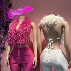 Set Sexy con Colletto in Finta Pelliccia, Top Corto con Halter e Leggings Aderenti <span class=keywords><strong>Lucidi</strong></span>, Completo a 2 Pezzi per Donna - Product Image 2