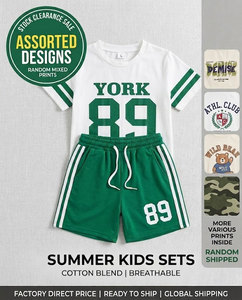 Boys Girls Summer Stocklot Sets Casual Crew Neck Short Sleeve Cotton Top and Shorts <b>Mixed</b> Colors Patterns 3-6Y - Product Image 3