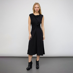 Robe <span class=keywords><strong>tunique</strong></span> noire drapée à manches courtes, extensible, sans manches, col bateau, torsadée devant, froncée, longueur midi, style débardeur - Product Image 5