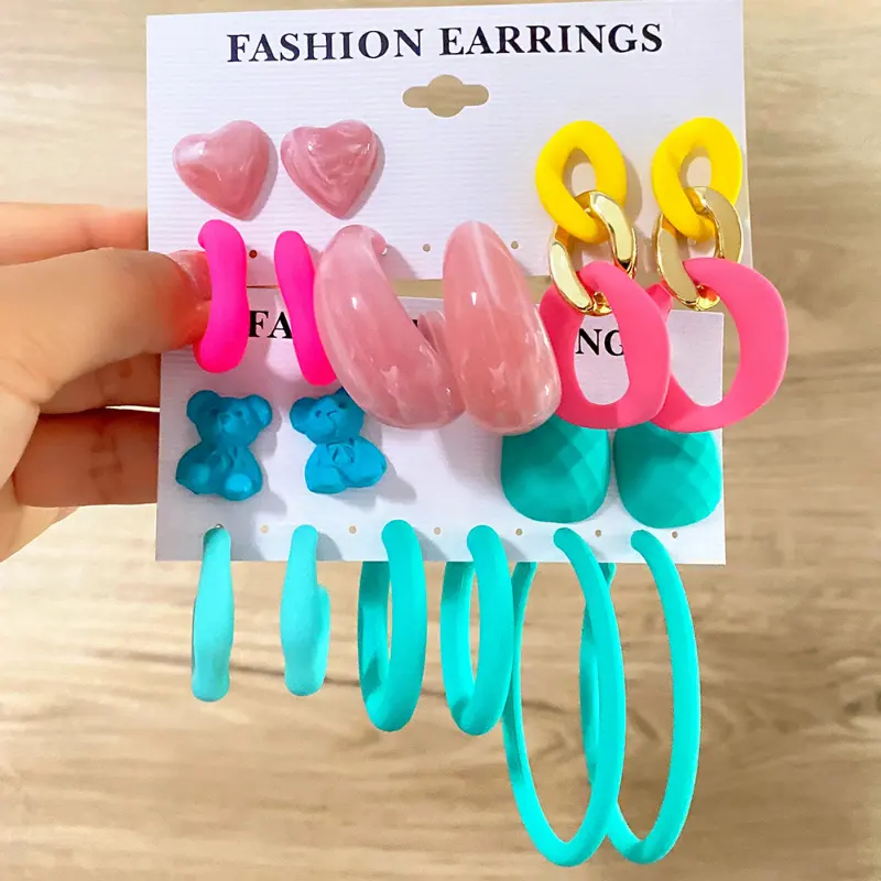 Cute Creative Colored Hoop Earrings Flower Acrylic Earrings Set Wholesale Simple Fashion Earrings Set
