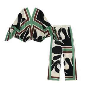 Dynamics Summer New Fashionable Ethnic Style Bow Decoration Printed Shirt Loose Pants Set