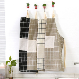 Hot selling cotton and linen apron modern simple plaid fabric sleeveless printing apron kitchen oil-proof apron