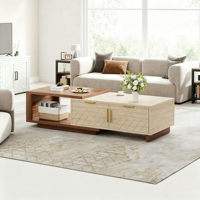 Table basse multifonctionnelle extensible moderne et minimaliste pour salon, à deux tons, avec tiroirs de rangement cachés, en bois, rectangulaire