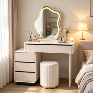 Coiffeuse moderne blanche avec miroir LED, meuble de rangement et tabouret pour chambre à coucher - Product Image 5