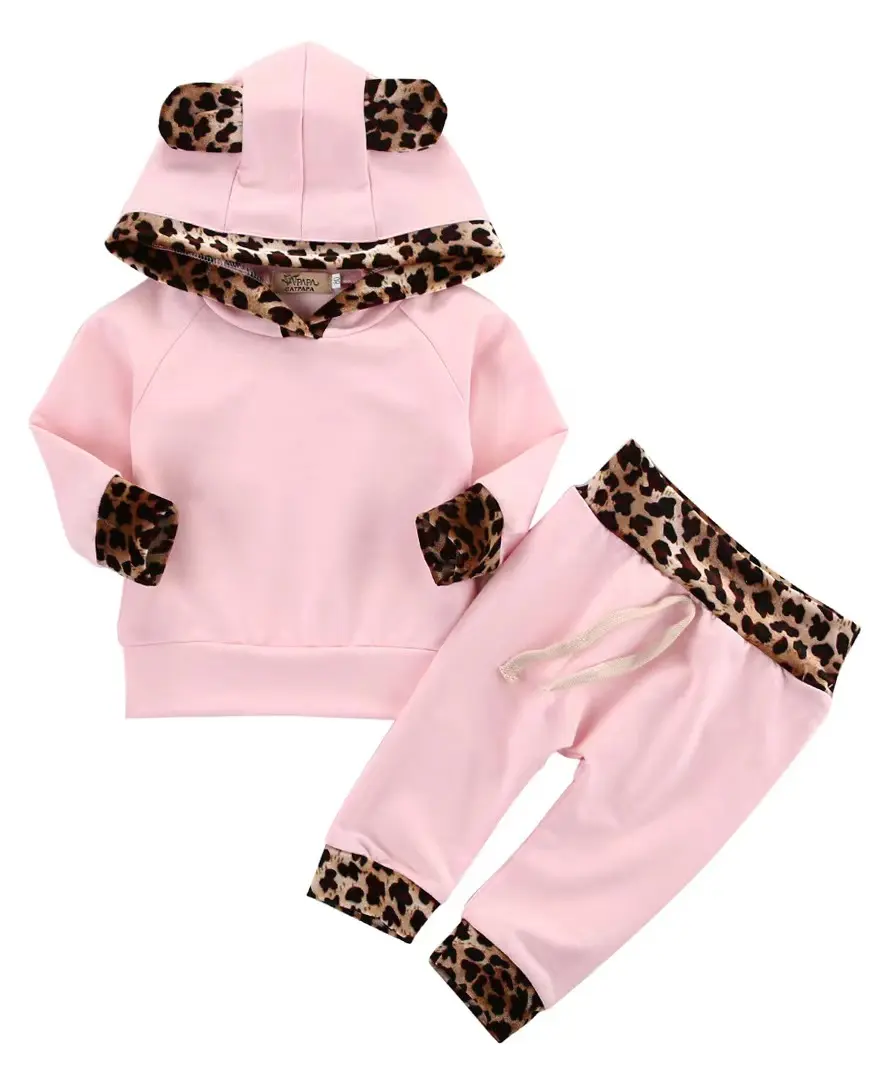 Hotsale शिशु नवजात शिशु लड़की के कपड़े तेंदुए पक्ष गुलाबी कोट हूडि शीर्ष पसीने पैंट आउटफिट सेट