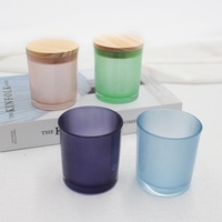 LANGXU Bougeoirs en verre dépoli de haute qualité 10oz bleu design de Noël avec couvercles en bois élégants petits bougeoirs lanternes