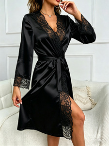 <span class=keywords><strong>Chemise</strong></span> de <span class=keywords><strong>nuit</strong></span> sexy en dentelle à manches longues, nuisette confortable en satin pour <span class=keywords><strong>femme</strong></span> avec cordon de taille - Product Image 4