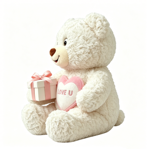 Oso de Peluche Blanco Rizado y Esponjoso Personalizado con Caja de Regalo con Lazo Rosa, Parche Bordado en el Pecho con la Frase LOVE U en Forma de Corazón Rosa, Sentado - Product Image 3