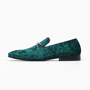 Mocasines de terciopelo verde para hombre, zapatos de vestir sin cordones, punta redonda, hebilla de metal, transpirables, ligeros, para oficina, boda - Product Image 1