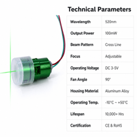 Module laser à ligne croisée verte 520nm 100mW, mise au point réglable, certifié CE RoHS, haute précision, garantie 6 mois, Chine, 15g