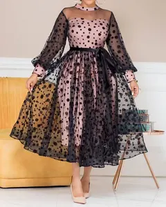 패션 터키 우아한 폴카 도트 드레스 관점 메쉬 캐주얼 드레스 터키 사무실 드레스