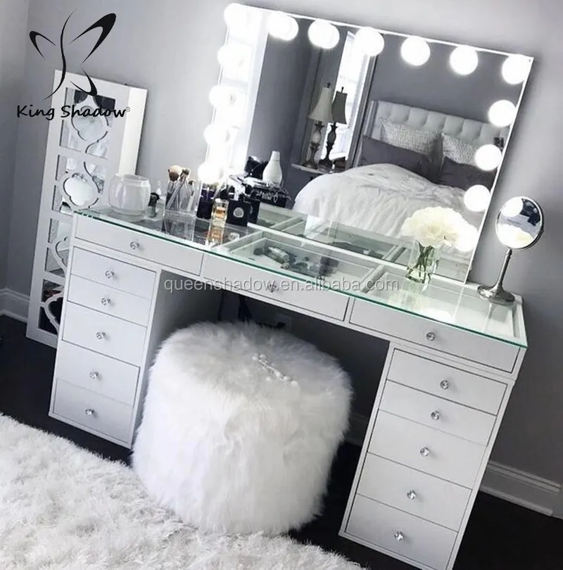 Tocador con luces LED para dormitorio, hermoso espejo blanco para salón de cosmética, tocador de maquillaje