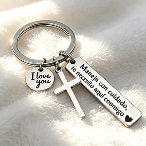 Porte-clés en acier inoxydable avec breloque croix « Je t'aime » et message en espagnol, pendentif rectangulaire, cadeau religieux pour la Saint-Valentin - Product Image 1