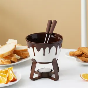 Cheap Fondue Butter Warmer Pot Porcelain Melting Pot Chocolate Tapas Cheese Fondue Set With Iron Stand
