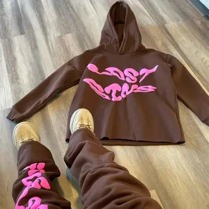 OEM özel Logo kesim ham Hem Hoodie 3D puf baskı pantolon erkek eşofman Flare pantolon erkek iki parçalı Jogger takım için adam