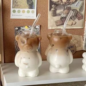 Botella de Vidrio de Borosilicato de 350 ml (12 oz) con Forma de Oso, Linda Botella de Vidrio para Beber, Copa de Vino, Maceta con Pajita de Vidrio - Product Image 5