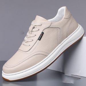 Men's Spring New Soft Sole Superfine Fiber Durable Lace-Up Casual Versatile <b>Sneakers</b> White Solid Rubber Outsole Trendy Faux - Product Image 1