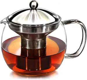 带浸泡器的茶壶带过滤器和取暖器的茶壶-茶壶杯泡茶器，用于散茶的透明玻璃-40盎司，3-4金属