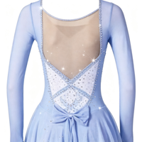 Robe de patinage artistique dégradé bleu clair, col en V, maille ornée de strass, manches longues, dos profond, nœud, jupe asymétrique pour adultes et enfants