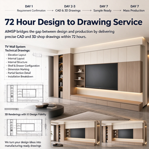 Système mural TV moderne sur mesure en contreplaqué et panneaux de particules avec unité de rangement à fermeture amortie pour chambre d'hôtel et appartement - Product Image 2