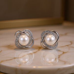 Elegantes Pendientes de Plata 925 Chapados en Oro Blanco con Perla Cultivada y Circonia, Diseño Geométrico para Mujer, Joyería de Boda - Product Image 2