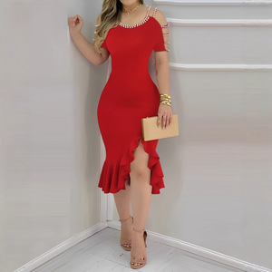 <span class=keywords><strong>Robe</strong></span> moulante <span class=keywords><strong>d</strong></span>'été à volants et fente, ornée de perles, pour femme - Product Image 4