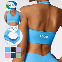 Nouveau soutien-gorge de sport à col halter tendance, grand col halter avec coussinets de poitrine, gym, fitness, sans couture, yoga, soutien-gorge de sport sexy à col en V