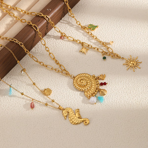 Collar de Concha y Caballito de Mar Chapado en Oro, Colgante Temático Oceánico para Mujer, Joyería Casual de Playa, Cadena de Clavícula a la Moda para Uso Diario - Product Image 2
