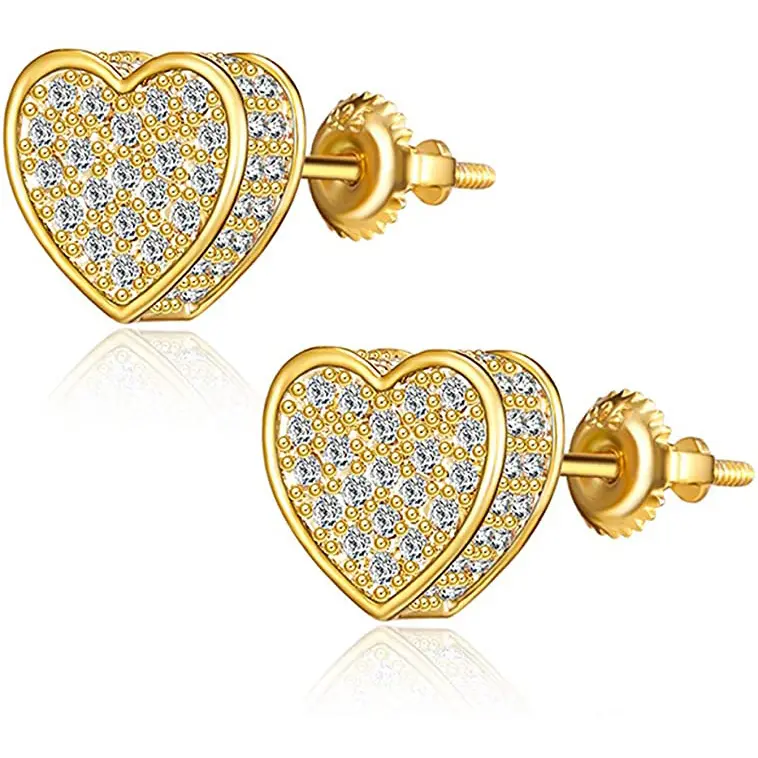 Microinlay Hip Hop Jewelry Iced Out Cubic Zirconia 18k Gold Plated bling heart Stud Earring For valentine's day