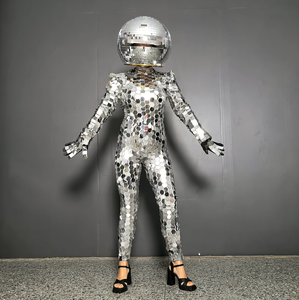 Combinaison moulante une pièce pour femme, effet miroir argenté, avec casque et détails en verre miroir, en <span class=keywords><strong>acrylique</strong></span>, pour spectacle, concours de talent, DJ, danse, bar, fête, adulte - Product Image 1