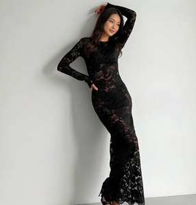 Long Sleeve Black Lace Mermaid Dress - Elegant & Sheer Long Sleeve Black Lace Mermaid Dress - Elegant & Sheer