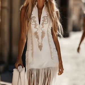 Vestido Mini Casual y Elegante de Estilo Bohemio con Bordado, Sin Mangas, de Gamuza Blanca con Borlas para Mujer - Product Image 2