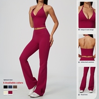 Tenue de sport deux pièces effet superposé, col halter, manches courtes, taille haute, très élastique, respirante, pour Pilates et Yoga