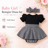 Ensemble robe barboteuse pour bébé fille, manches à volants, body à carreaux, bandeau et chaussettes, tenue d'été