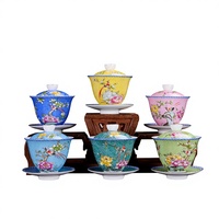 Set Teh Kung Fu Tiga Harta Karun Berlapis Emas, Dilukis Tangan dengan Motif Bunga Pastel, Porselen Dehua, Mangkuk Berpenutup, Modern Minimalis