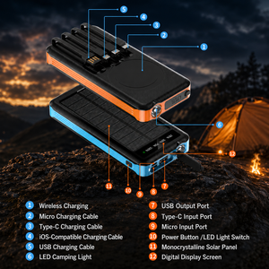 Batterie <span class=keywords><strong>solaire</strong></span> portable 10000mAh, <span class=keywords><strong>chargeur</strong></span> intégré avec câble, charge sans fil magnétique et lampe de camping LED - Product Image 6