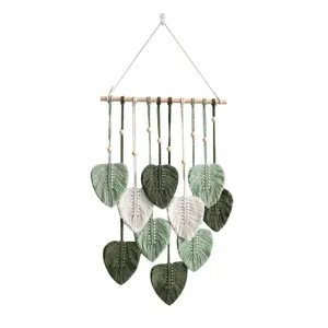 Macrame Woven Green Leaves Wall Hanging with Tassel Decor Modern Chic Cotton Wall Art Tapestry Decoration