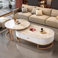 Ensemble de 2 tables basses modernes en pierre frittée, luxe, argent, or, acier inoxydable, marbre, meubles pour la maison