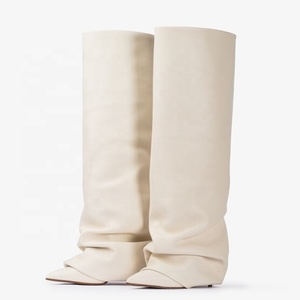 Pleated Upper Thin High Heel Pointed Toe Overlay <b>Shoes</b> Dress Stiletto Pants Boots Women's Folded Over Knee High Booties - Product Image 6